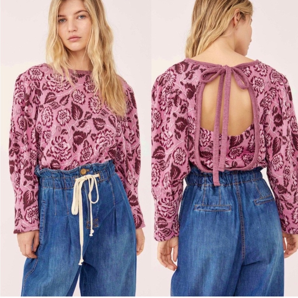 Free People No Ordinary Top Smoked Cut Out Puff Sleeve Pink Floral  NWT Size M